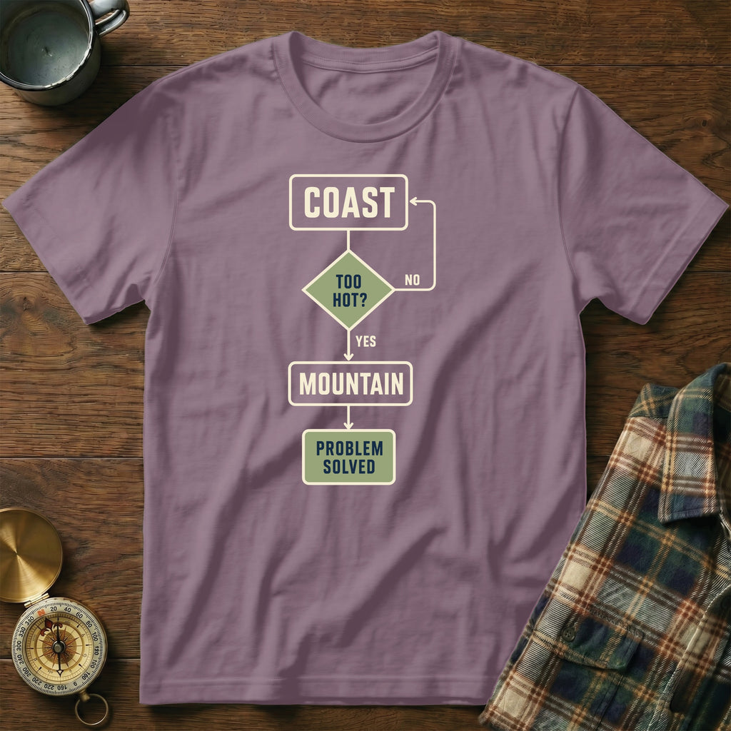 Purple t-shirt with flowchart: Coast, Too Hot?, Yes, Mountain, Problem Solved