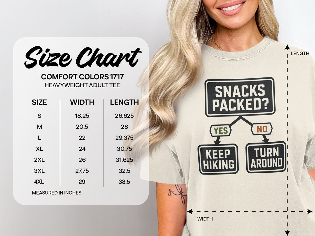 Comfort Colors 1717 size chart with "Snacks Packed?" graphic for adult tees.