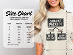 Comfort Colors 1717 size chart with "Snacks Packed?" graphic for adult tees.