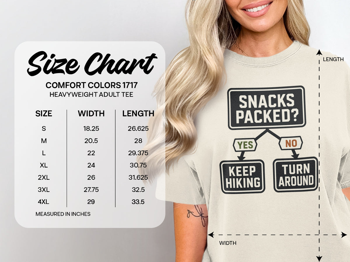 Comfort Colors 1717 size chart with "Snacks Packed?" graphic for adult tees.
