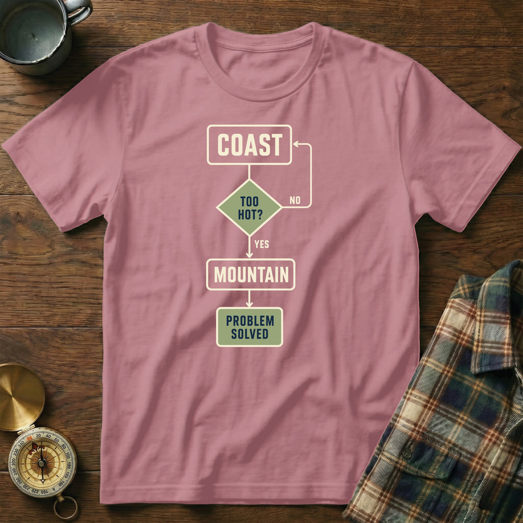 Pink t-shirt with a flowchart graphic about choosing between coast and mountain.