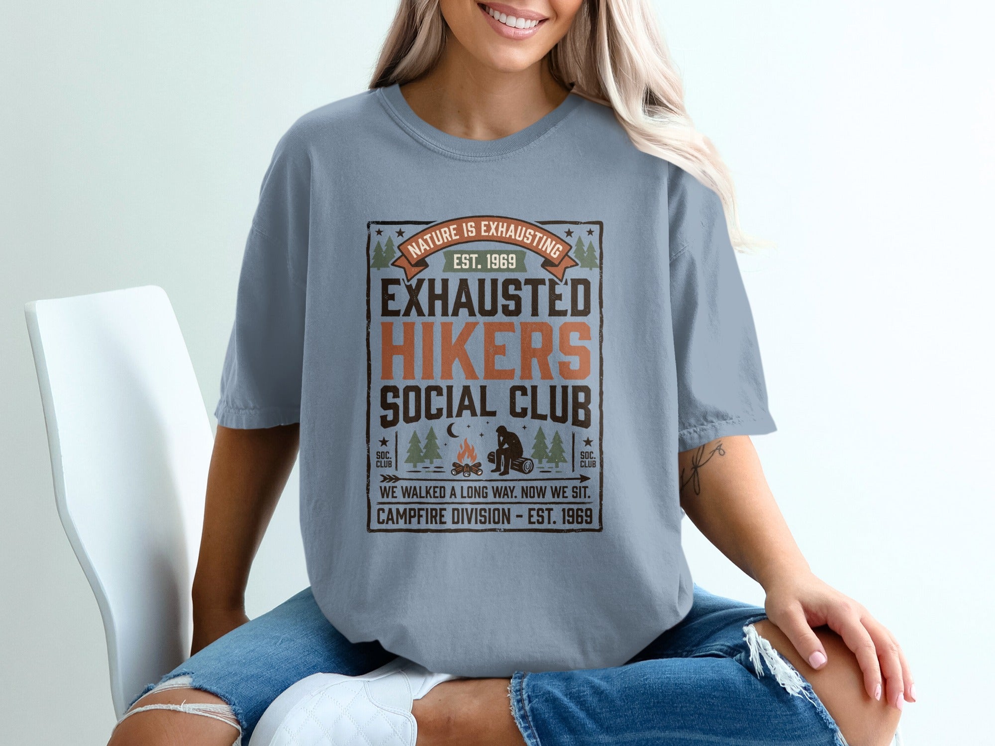 Exhausted Hikers Social Club campfire division t-shirt with distressed graphic.
