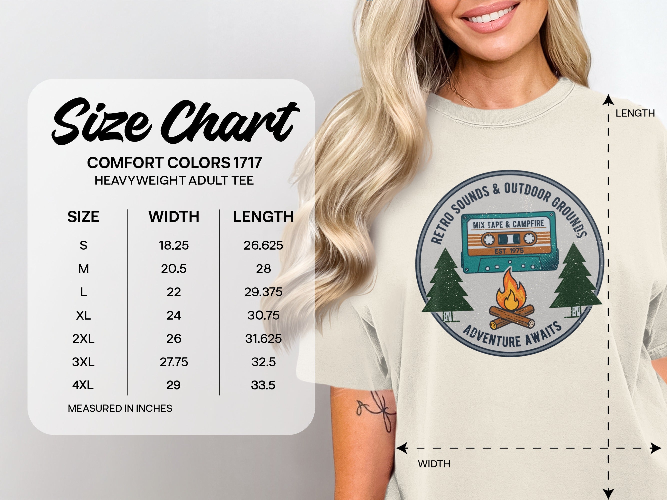 Comfort Colors 1717 Heavyweight Adult Tee size chart with measurements.