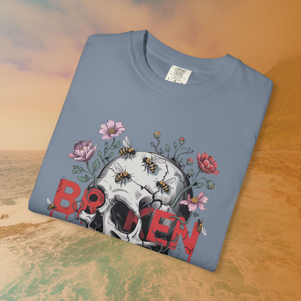 Broken Heart Skull Floral Goth T-Shirt