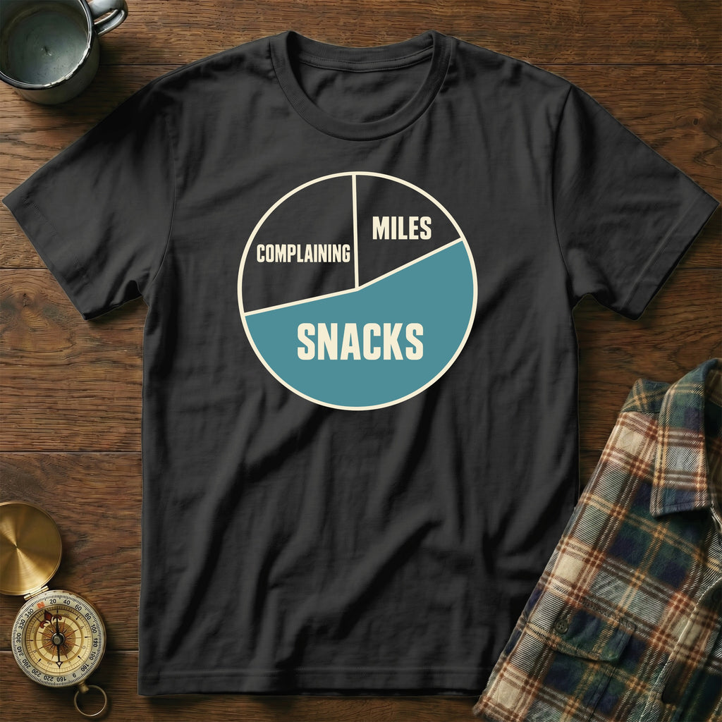 Black t-shirt with a pie chart graphic labeled "Complaining," "Miles," and "Snacks."