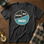 Black t-shirt with a pie chart graphic labeled "Complaining," "Miles," and "Snacks."