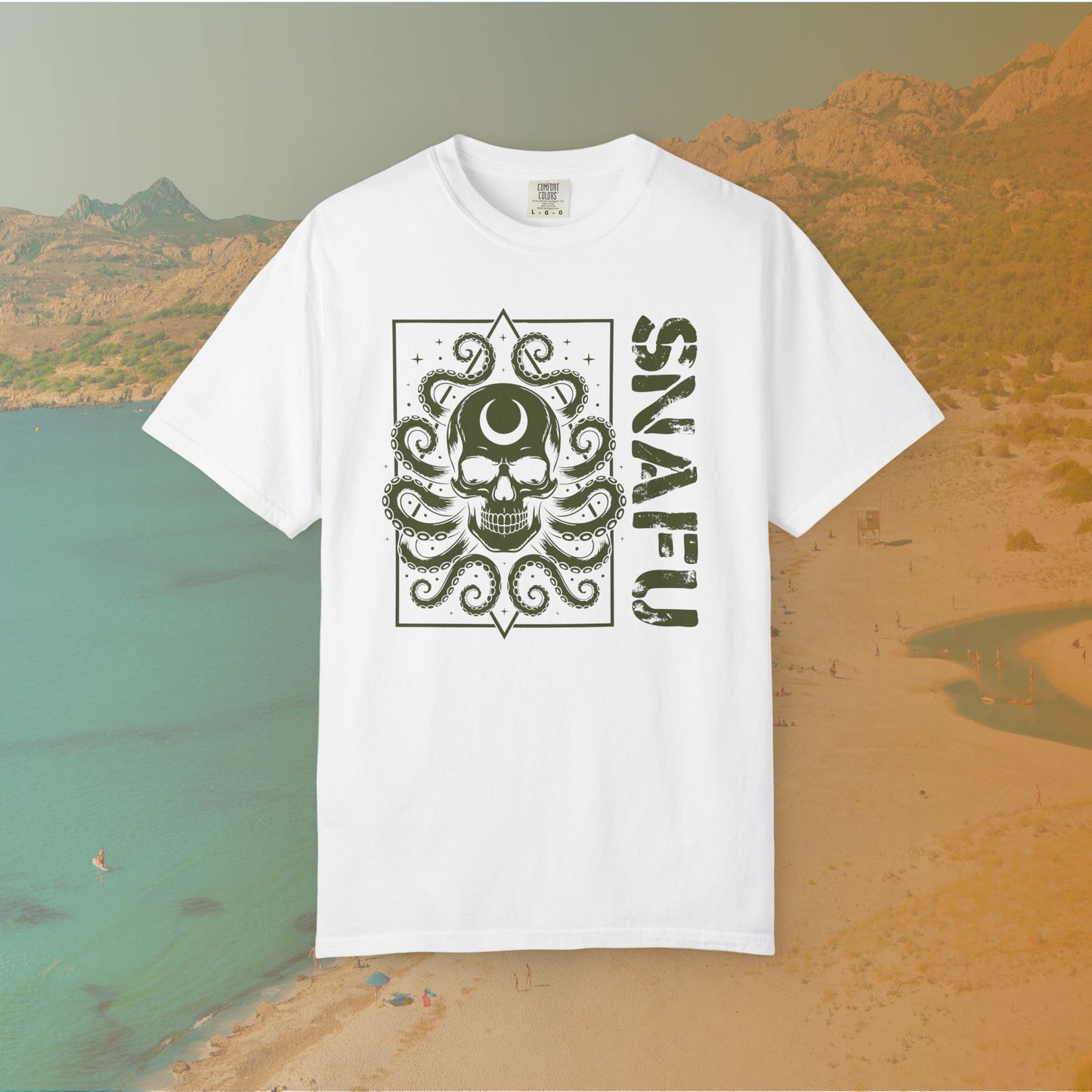 white Graphic T-shirt featuring a detailed skull with a crescent moon on its forehead and octopus tentacles emerging from it, next to the large, distressed text "SNAFU."