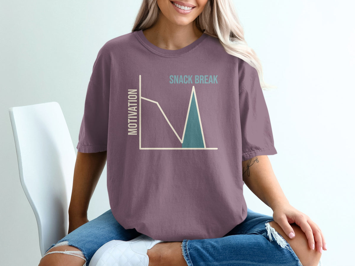 Graphic on purple shirt shows a graph with "Motivation" and "Snack Break" text.