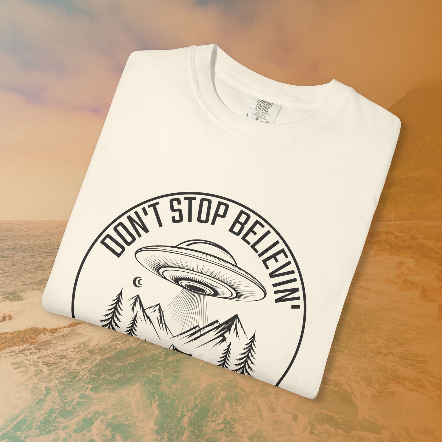 DON'T STOP BELIEVIN' UFO Camping T-Shirt | Classic Rock Slogan Alien Graphic Tee | Outdoors Music Lover Gift