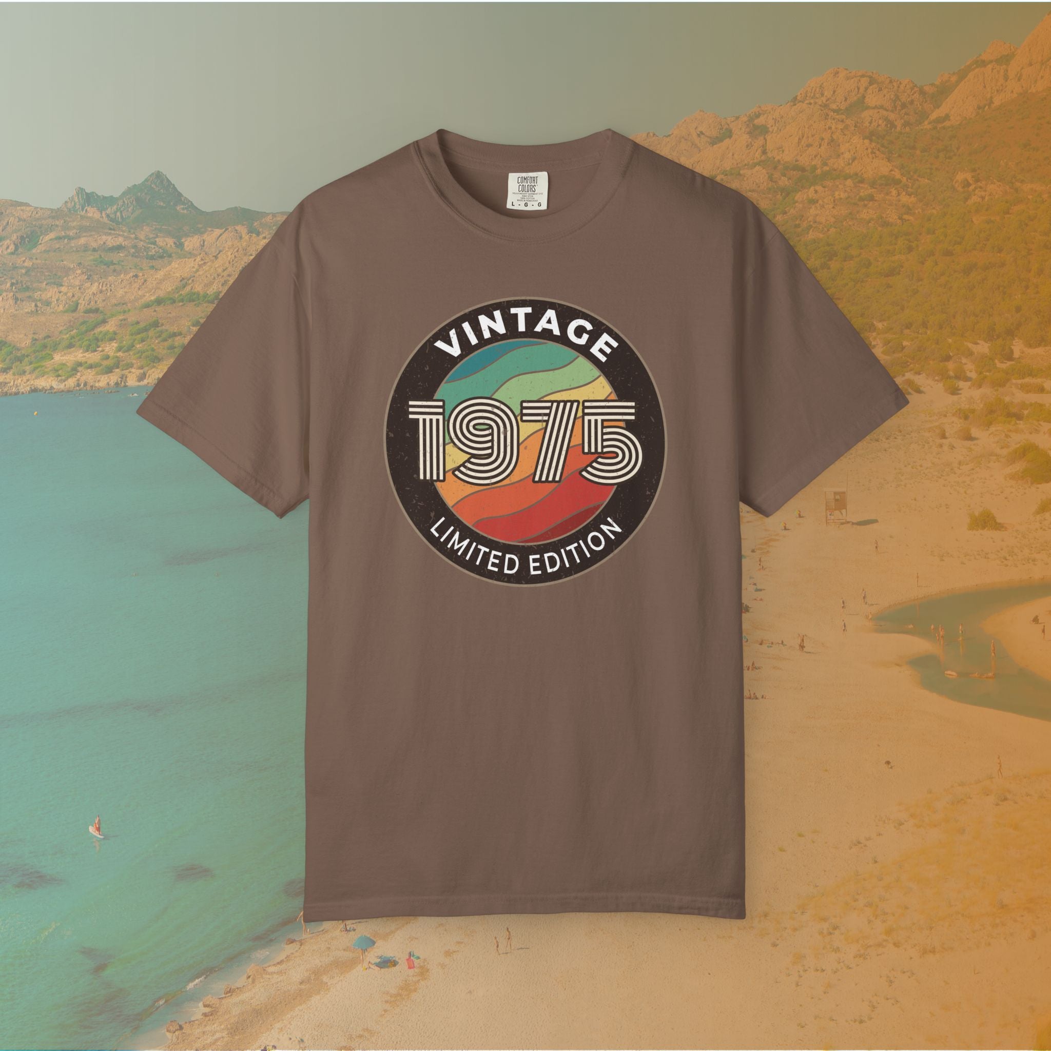 Brown Retro-style circular graphic featuring the year 1975 in a bold, lined font over a distressed, multi-colored wavy background. The outer border reads "VINTAGE" at the top and "LIMITED EDITION" at the bottom. 