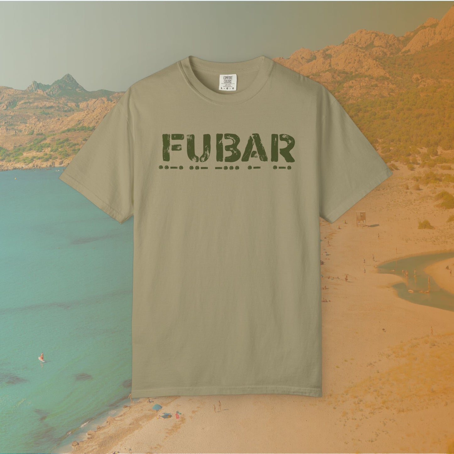 khaki Graphic T-shirt featuring the large, distressed stencil text "FUBAR" with the Morse code translation of the word printed directly beneath it.
