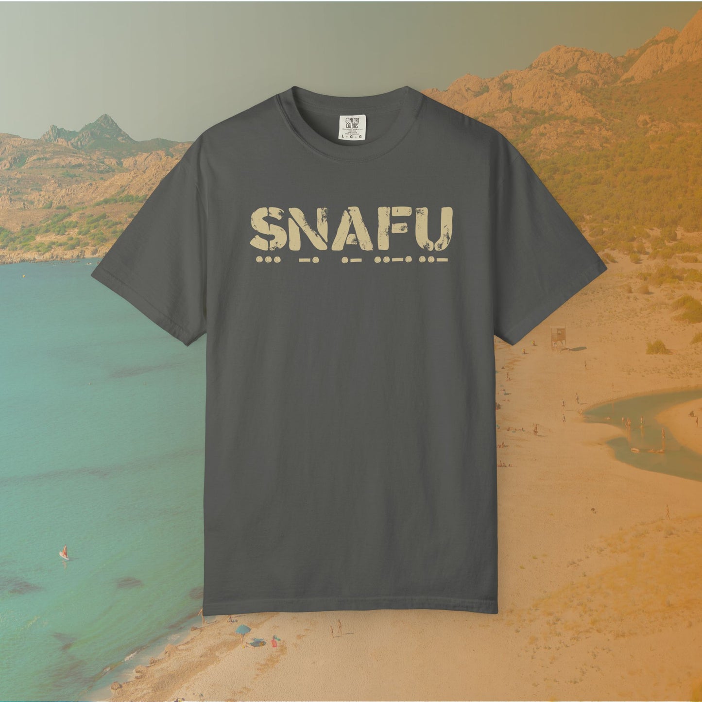grey Graphic T-shirt featuring the large, distressed stencil text "SNAFU" with the Morse code translation of the word printed directly beneath it.