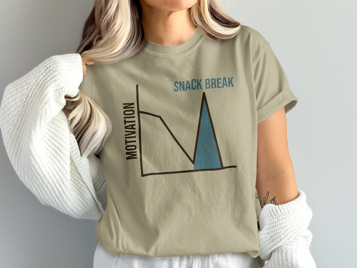 T-shirt with graph showing motivation dropping then peaking, labeled "Snack Break".