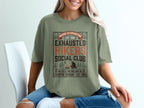 Olive green t-shirt with distressed "Exhausted Hikers Social Club" graphic and campfire.