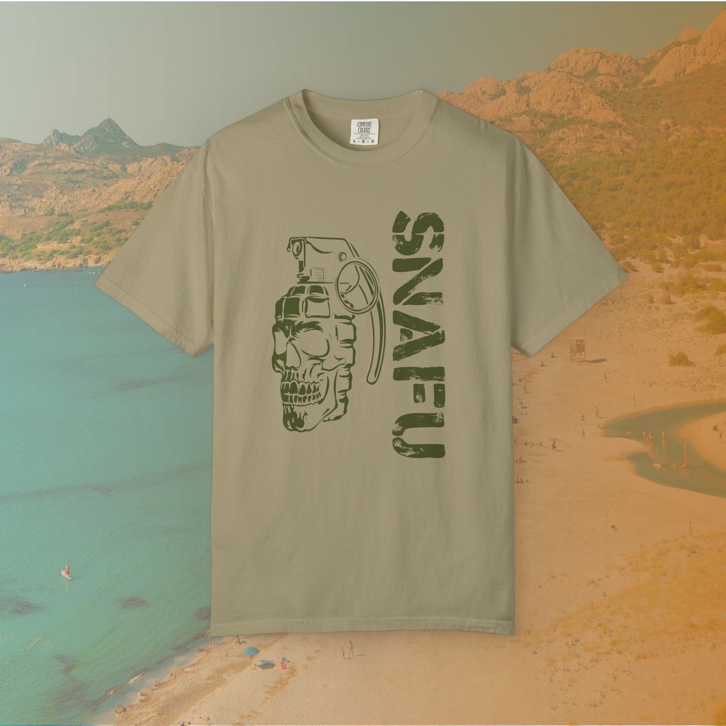 khaki Graphic T-shirt featuring a stylized image of a skull merged with a hand grenade, positioned next to the large, distressed text "SNAFU."