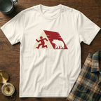 White t-shirt with a graphic of a runner and a bear within a red triangle.