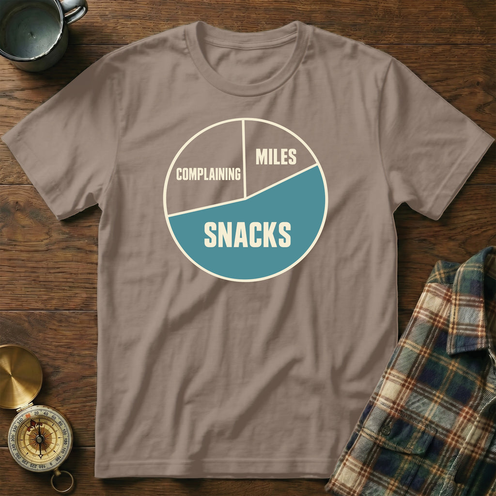 Brown t-shirt with a pie chart graphic labeling "Complaining," "Miles," and "Snacks."