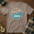 Brown t-shirt with a pie chart graphic labeling "Complaining," "Miles," and "Snacks."