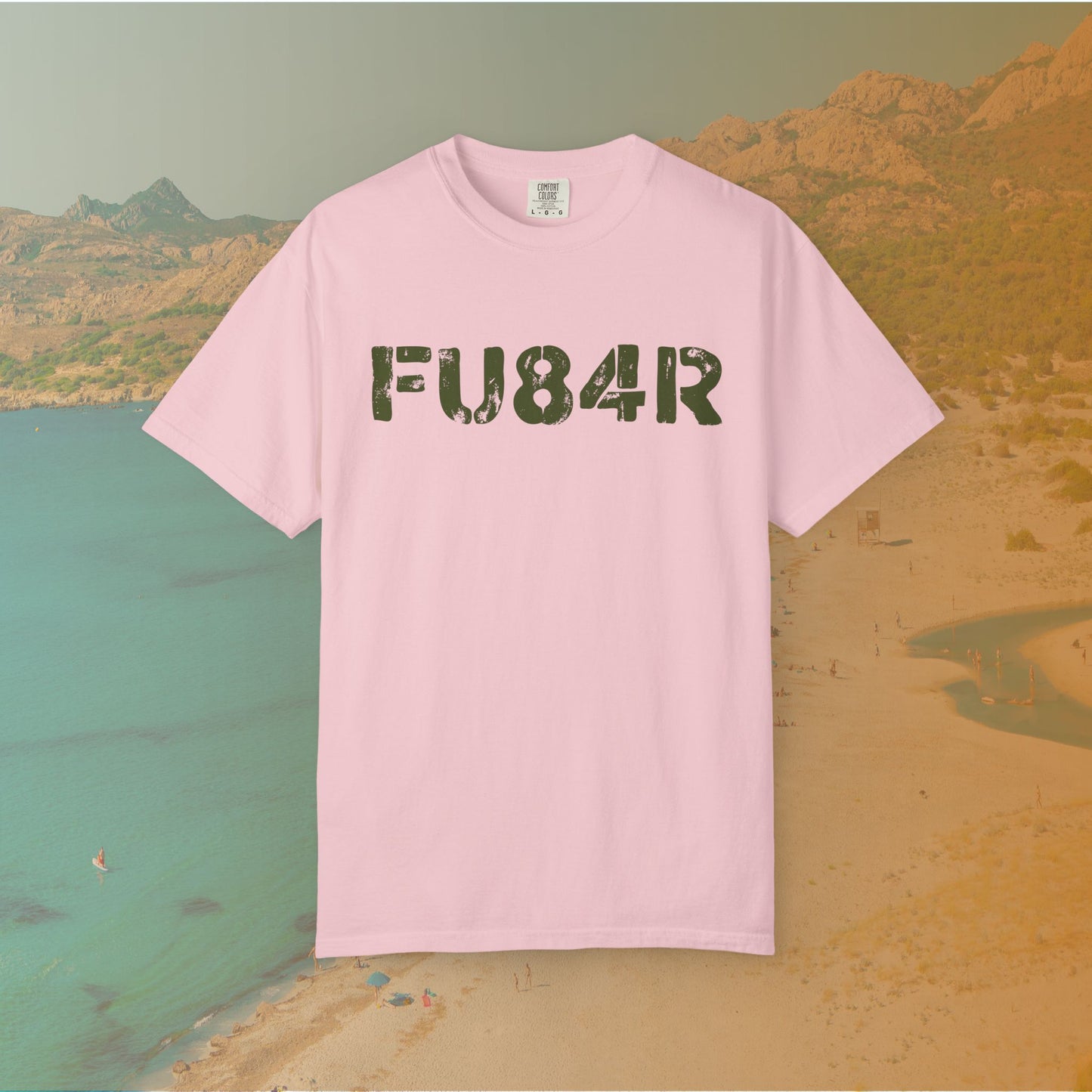 pink t-shirt Graphic T-shirt featuring the large, distressed, military-style stencil text "FU84R" (a numeric replacement for FUBAR)