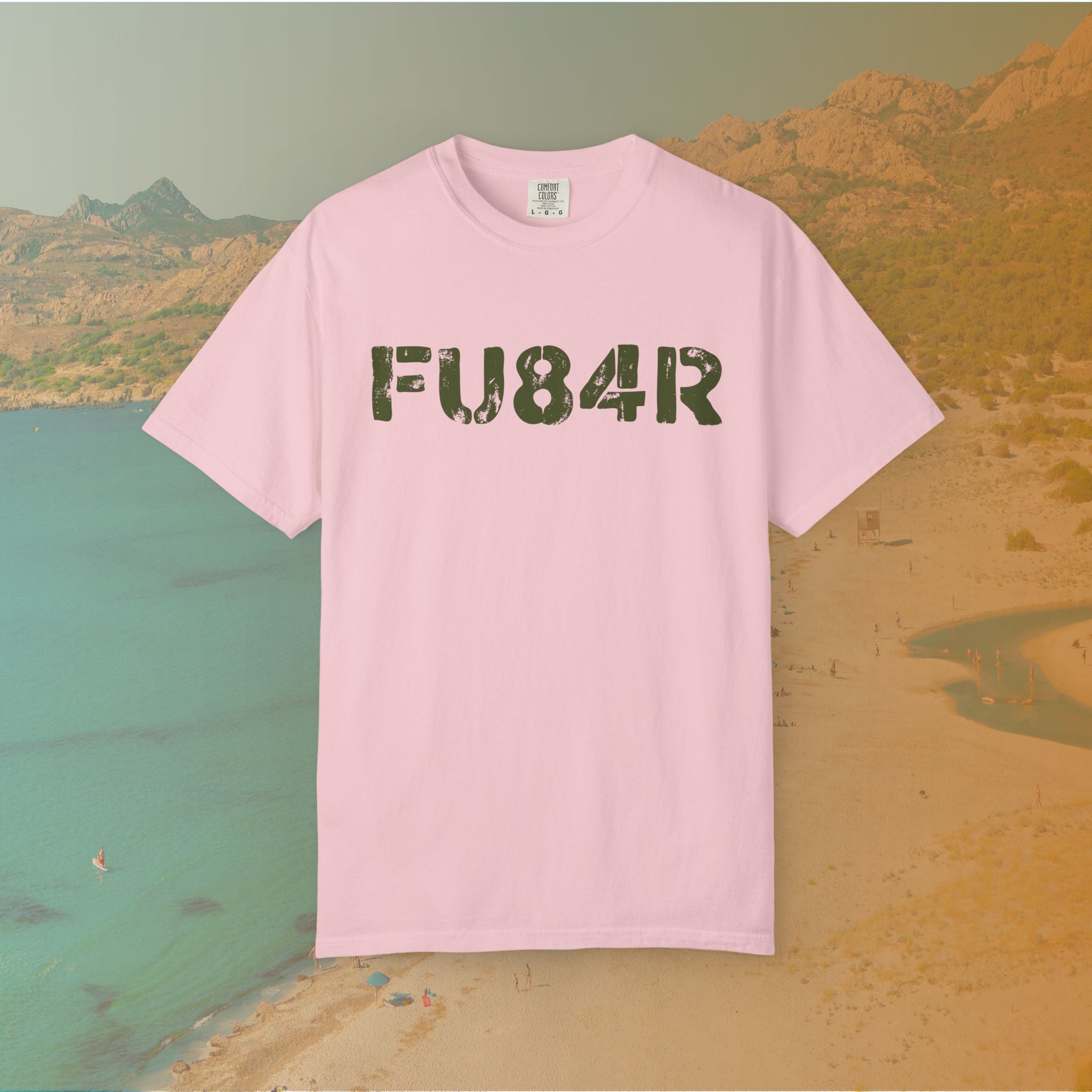 pink t-shirt Graphic T-shirt featuring the large, distressed, military-style stencil text "FU84R" (a numeric replacement for FUBAR)