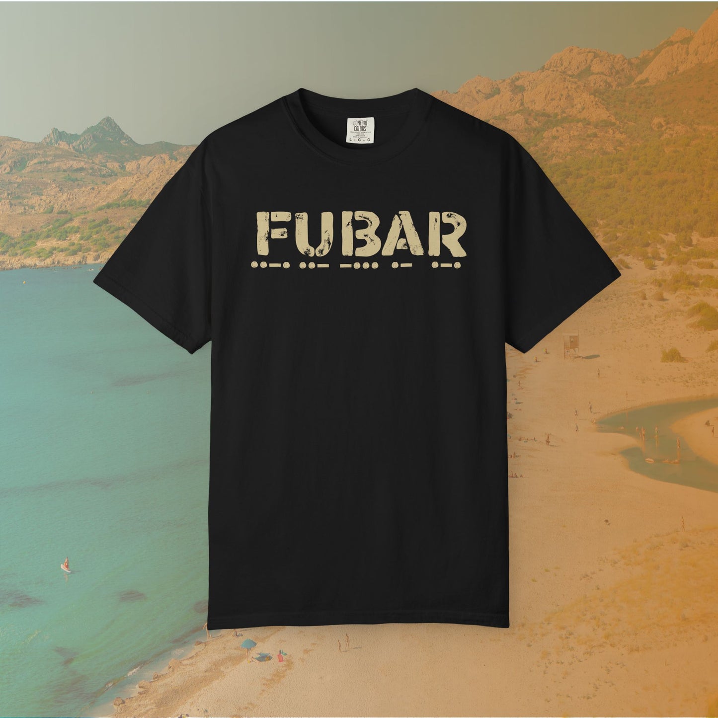 black Graphic T-shirt featuring the large, distressed stencil text "FUBAR" with the Morse code translation of the word printed directly beneath it.