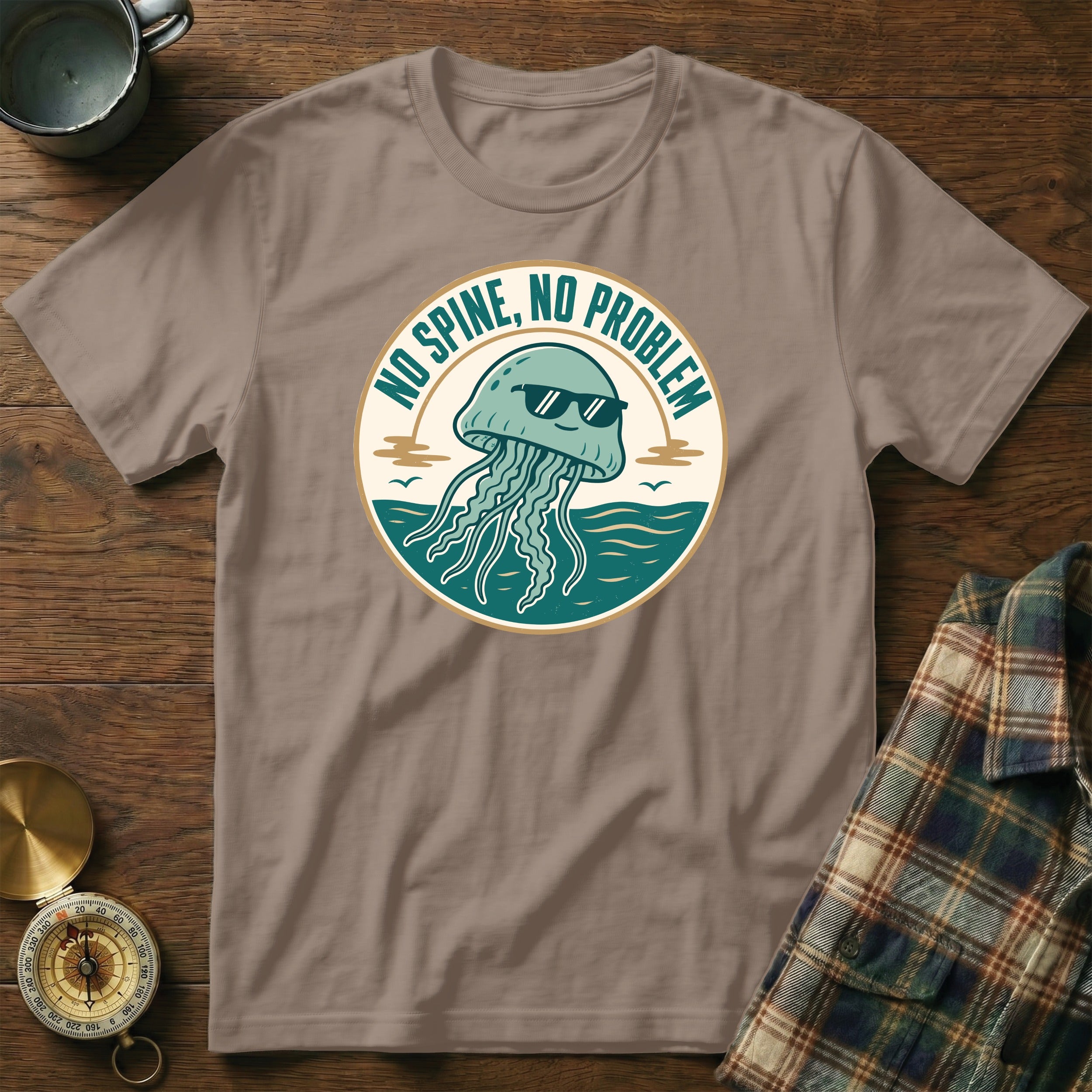 T-shirt with a graphic of a cool jellyfish wearing sunglasses, "No Spine, No Problem".