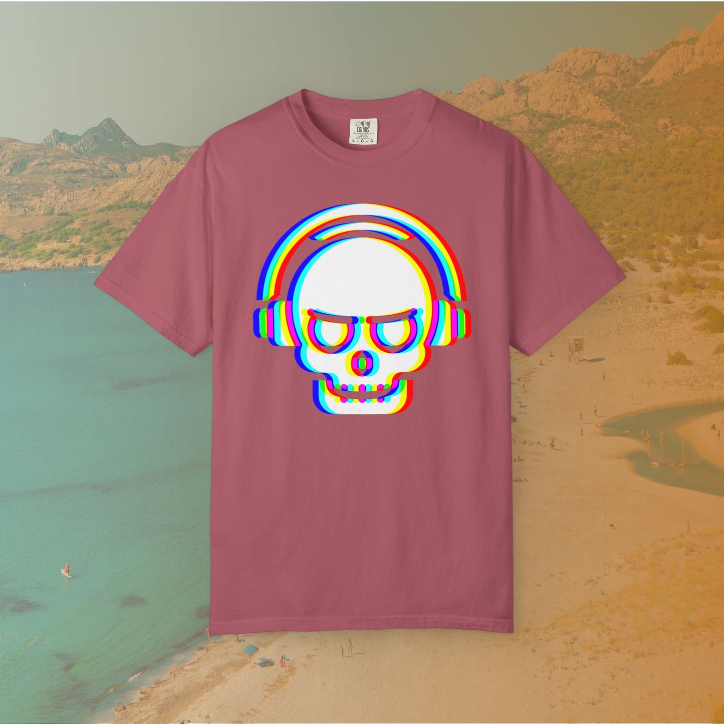 maroon t-shirt with White EDM DJ skull graphic wearing headphones, rendered with an intense red, blue, and yellow (RGB) chromatic aberration or glitch effect 