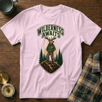 Pink t-shirt with illustration of deer wearing a hoodie and text "WILDERNESS AWAITS".