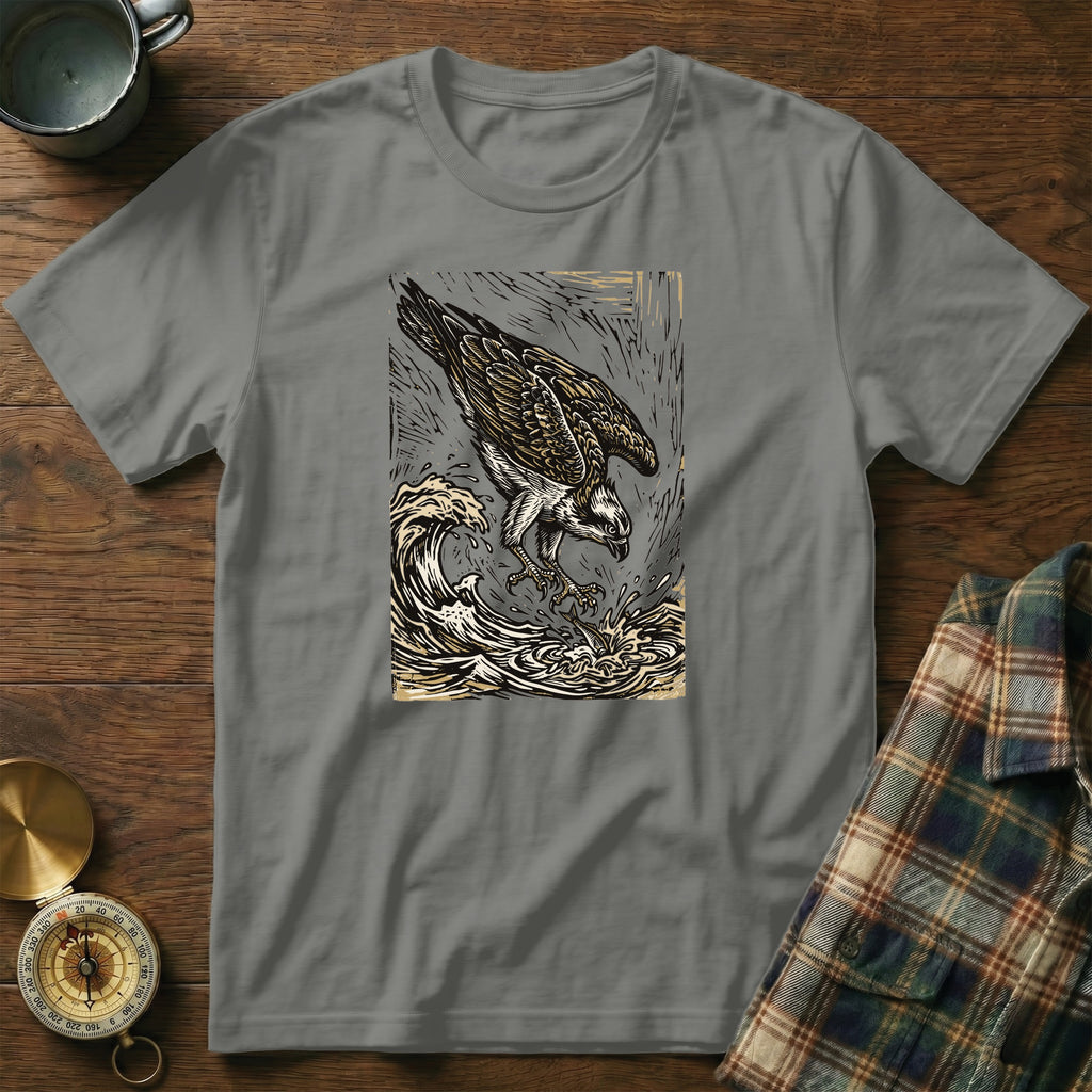 Grey t-shirt with a graphic of an osprey diving into water.