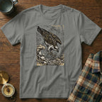 Grey t-shirt with a graphic of an osprey diving into water.