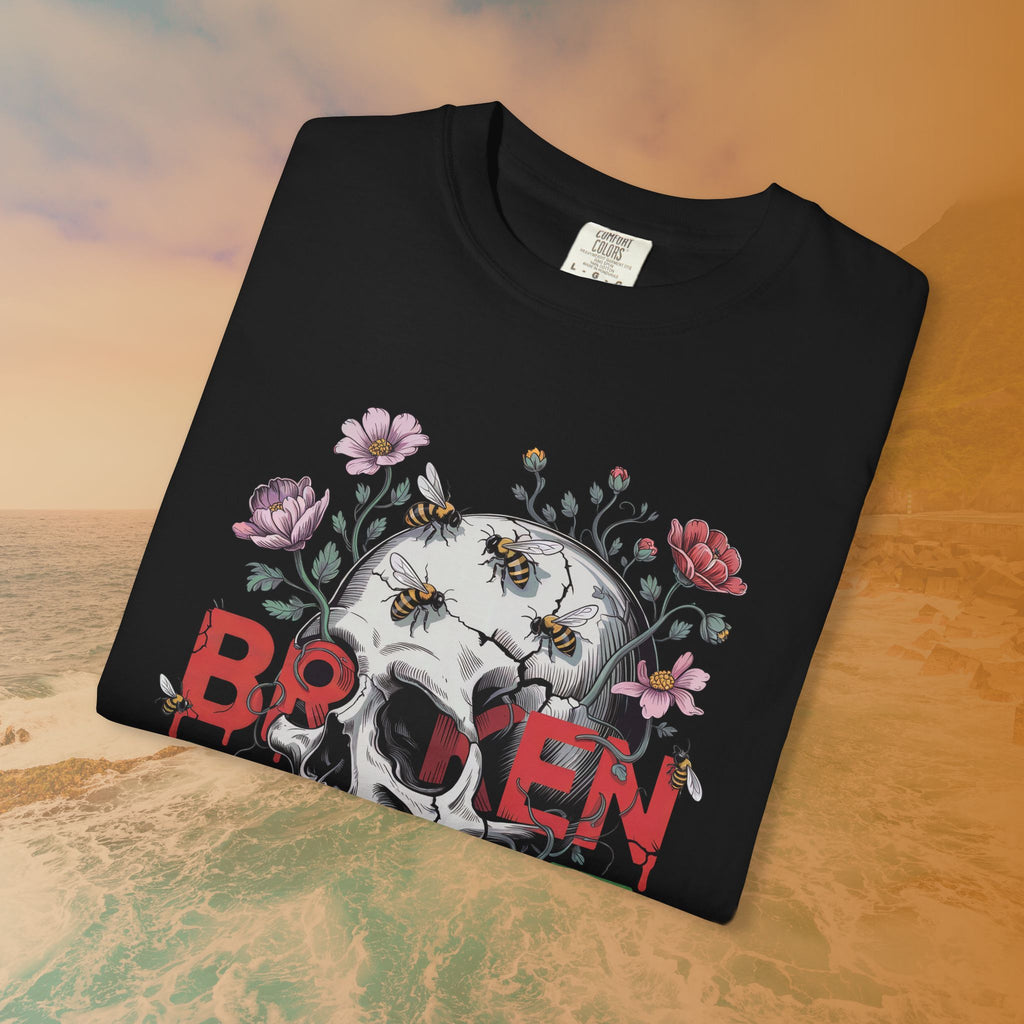 Broken Heart Skull Floral Goth T-Shirt