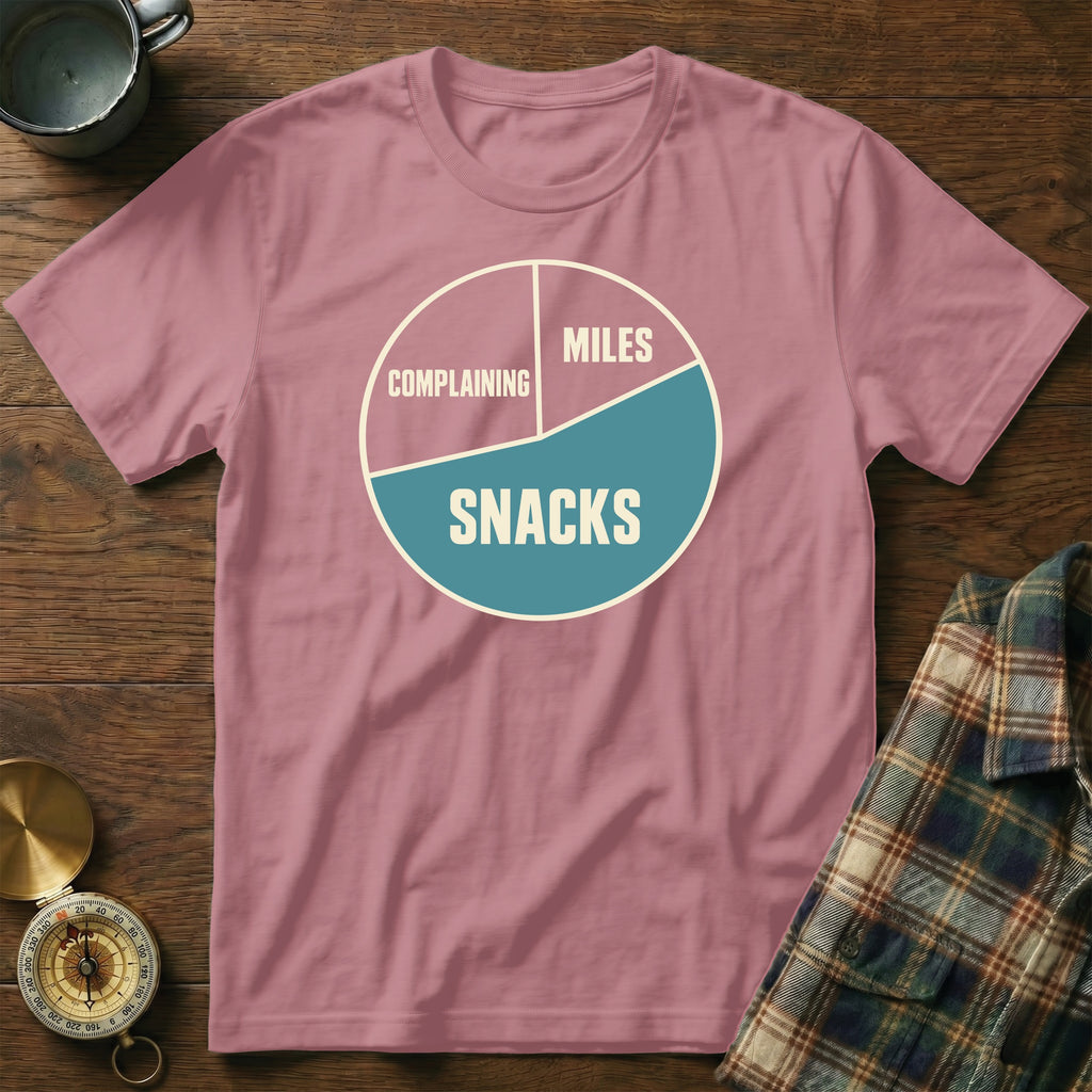 Pink t-shirt with a pie chart graphic showing "Complaining," "Miles," and "Snacks."