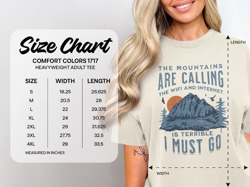 Comfort Colors 1717 size chart for heavyweight adult tees, showing measurements in inches.