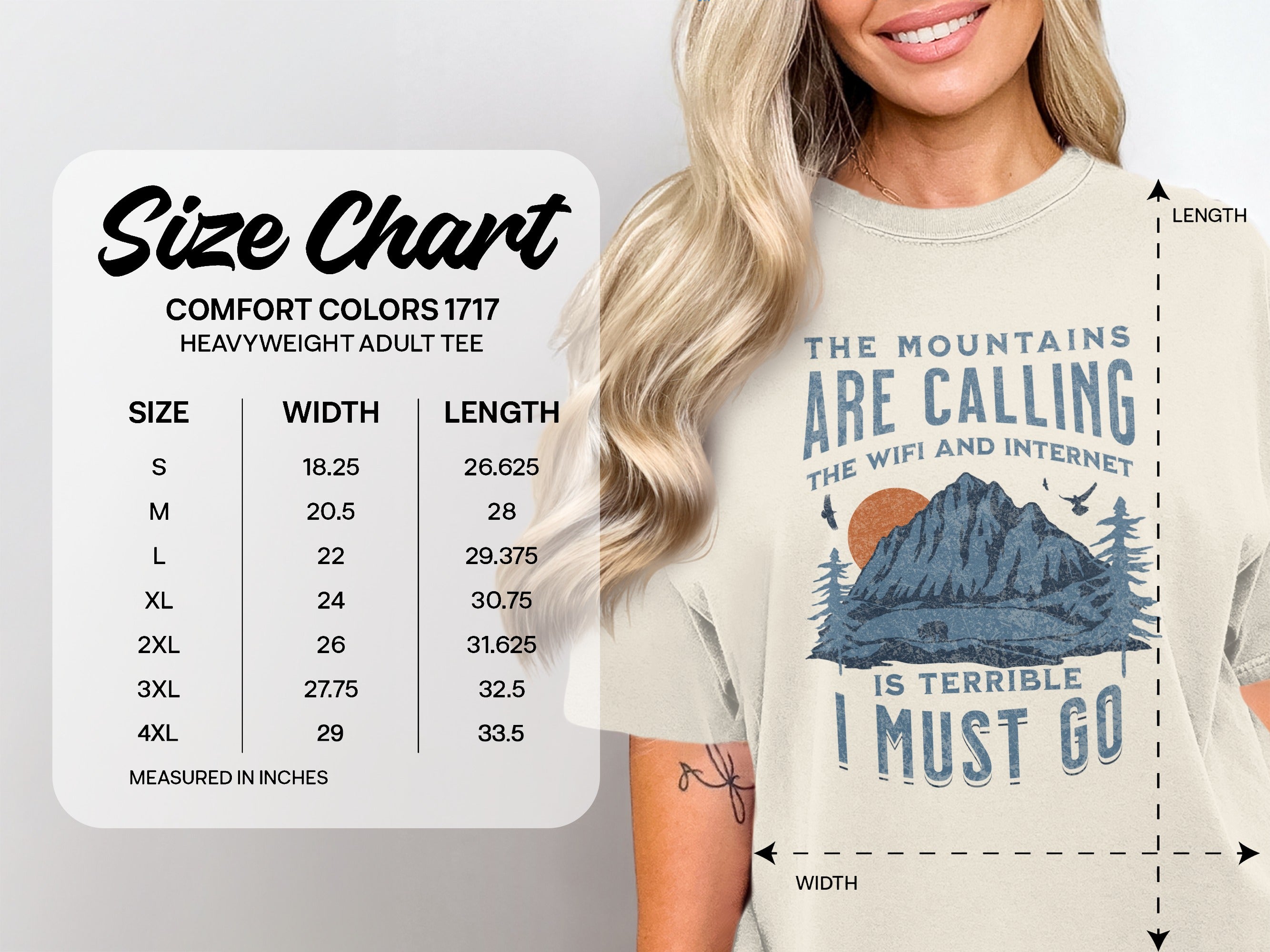 Comfort Colors 1717 size chart for heavyweight adult tees, showing measurements in inches.