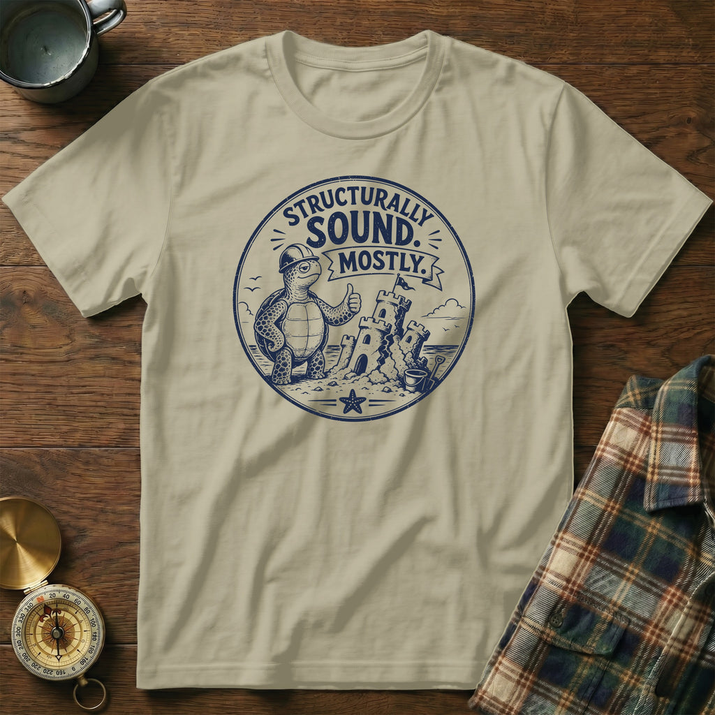 Tan t-shirt with a circular graphic of a turtle building a sandcastle, saying "Structurally Sound. Mostly."