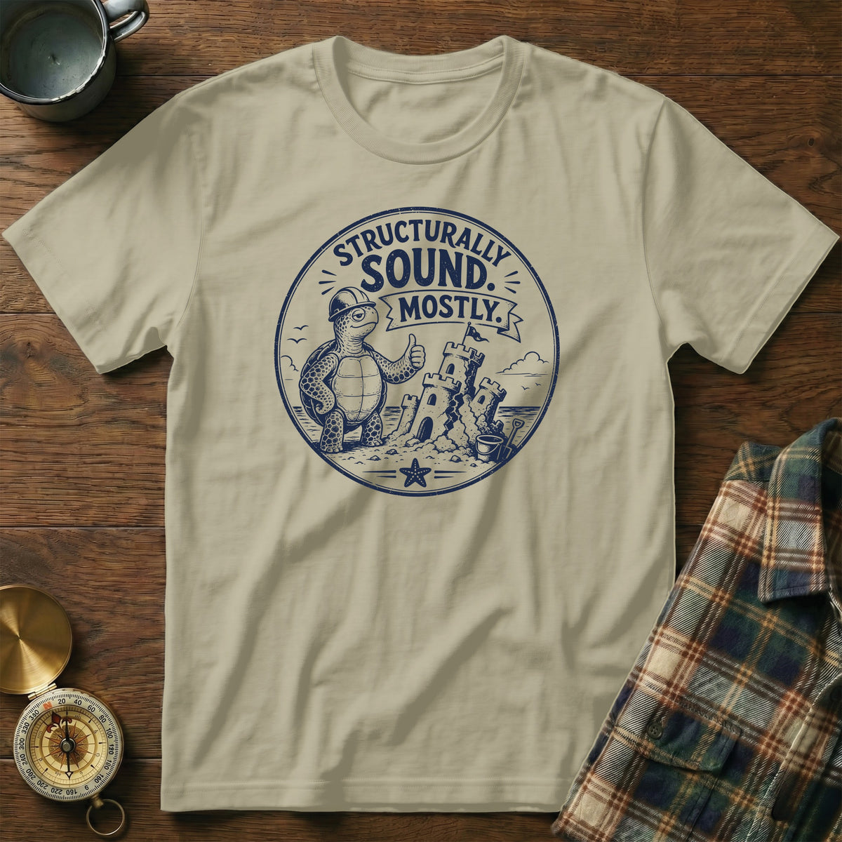 Tan t-shirt with a circular graphic of a turtle building a sandcastle, saying "Structurally Sound. Mostly."