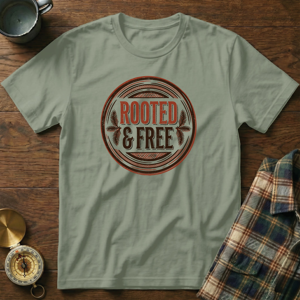 Light sage t-shirt with "ROOTED & FREE" graphic in a circular emblem.