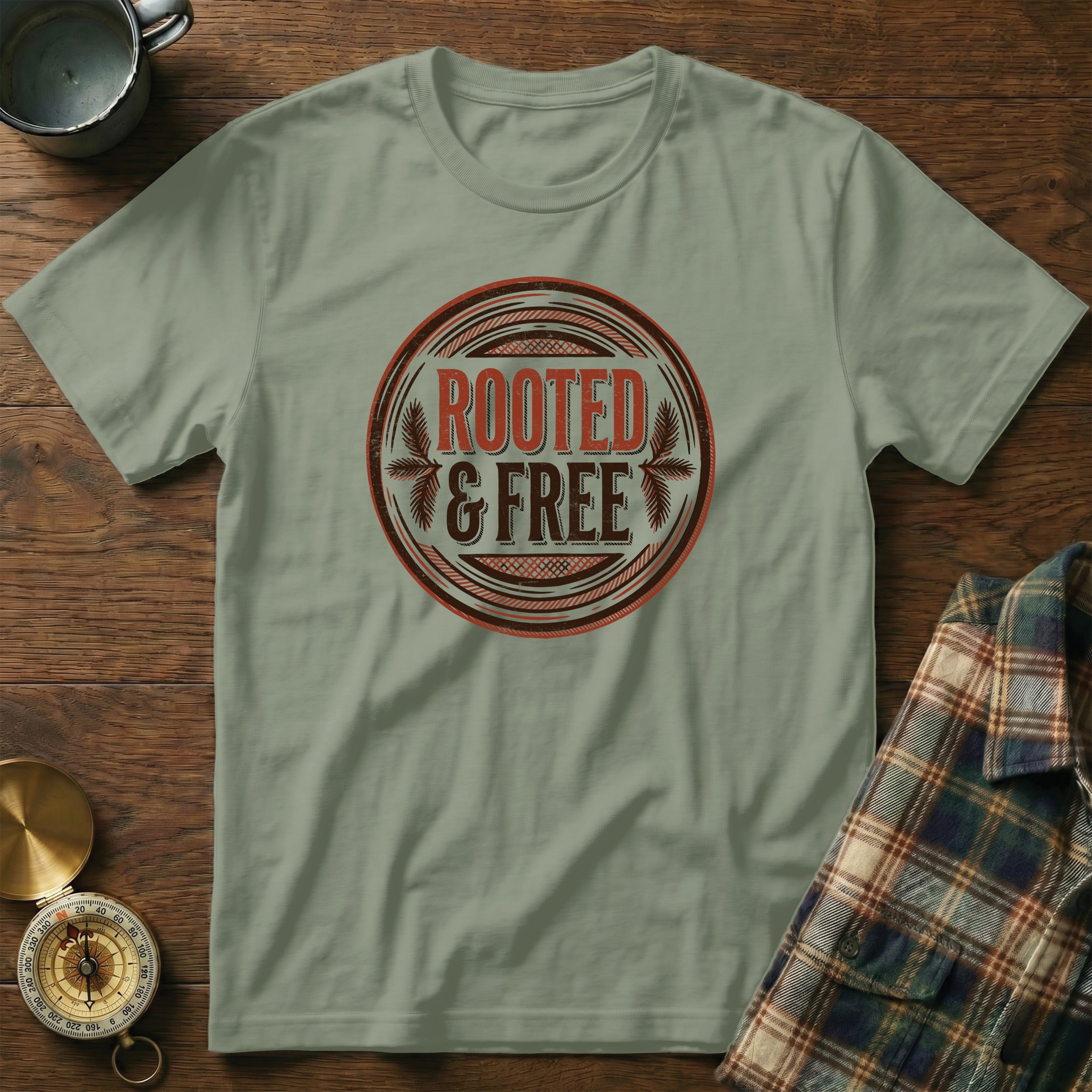 Light sage t-shirt with "ROOTED & FREE" graphic in a circular emblem.