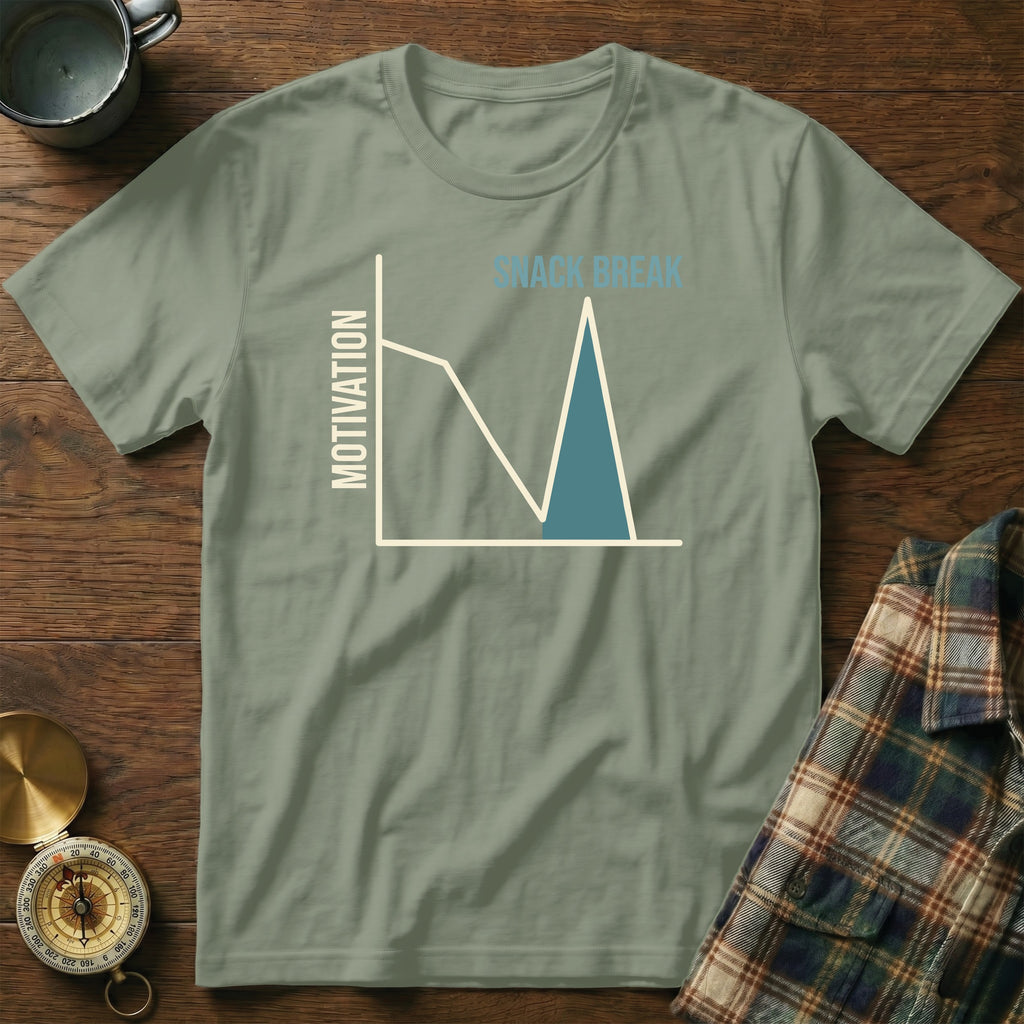 T-shirt with a graph showing motivation dips and peaks, labeled "SNACK BREAK".