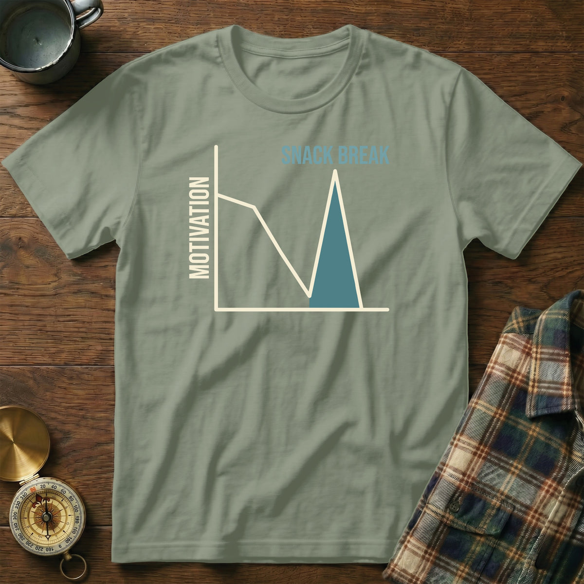 T-shirt with a graph showing motivation dips and peaks, labeled "SNACK BREAK".