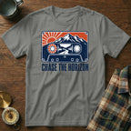 Grey t-shirt with vintage cassette tape graphic and "Chase the Horizon" text.