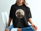 Eagle in apron grilling on a BBQ, vintage illustration on black t-shirt.
