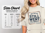 Comfort Colors 1717 heavyweight tee size chart with "No Bites Still Went" graphic.