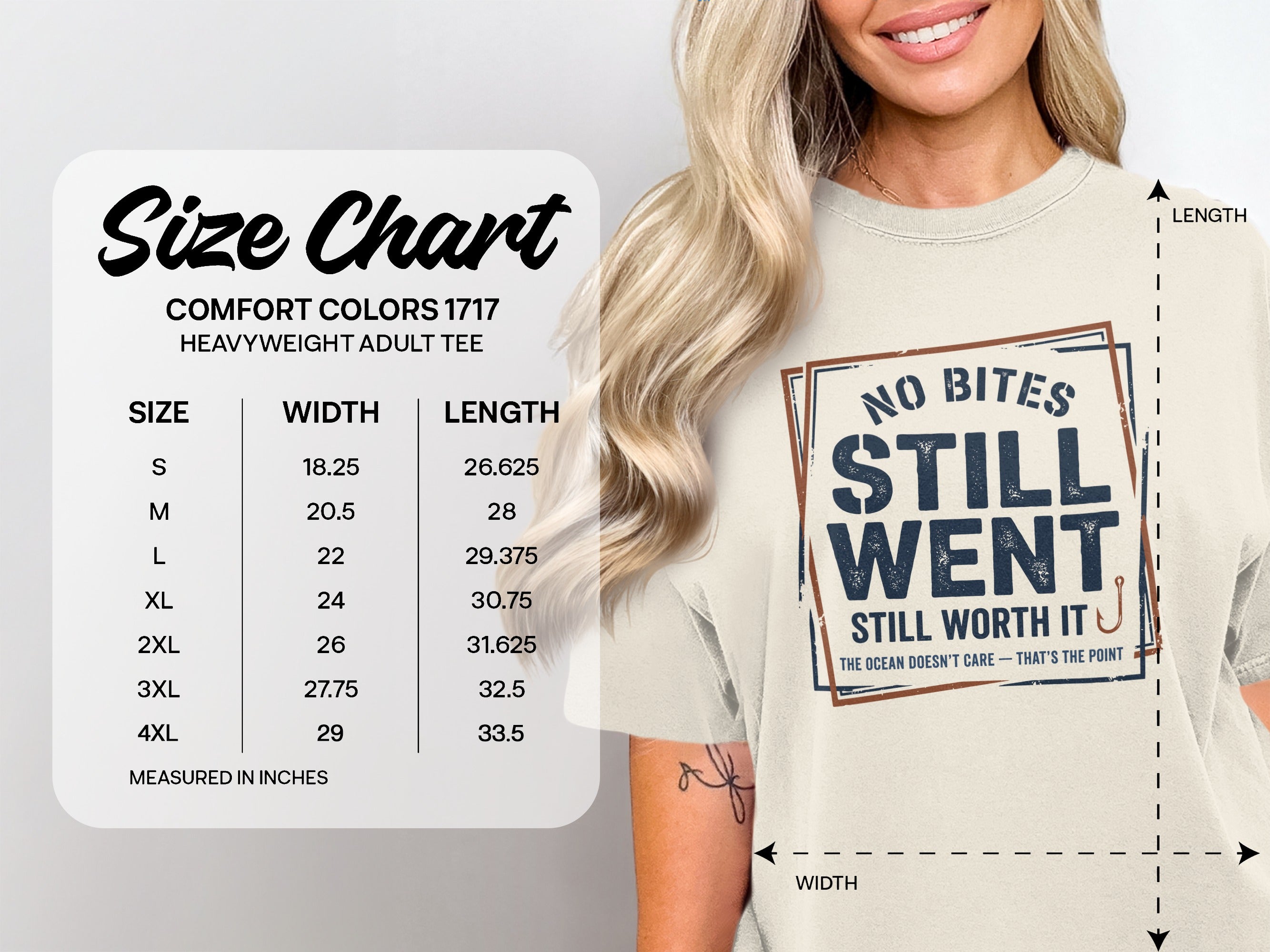 Comfort Colors 1717 heavyweight tee size chart with "No Bites Still Went" graphic.