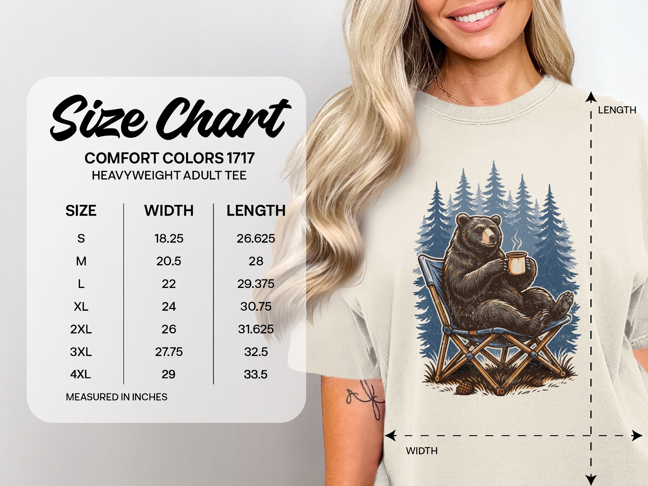 Comfort Colors 1717 heavyweight adult tee size chart with width and length measurements in inches.