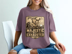 Deer blowing a horn with text "Majestic But Exhausted" on landscape.