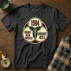 Black t-shirt with a Venn diagram graphic showing "1984", "Brave New World", and "Fahrenheit 451".