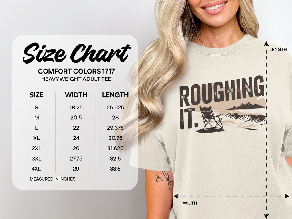 Comfort Colors 1717 heavyweight adult tee size chart with measurements in inches.