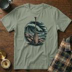 T-shirt featuring a wooden oar against a circular wave and rock design.