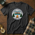 Black t-shirt with retro cassette, campfire, and text.